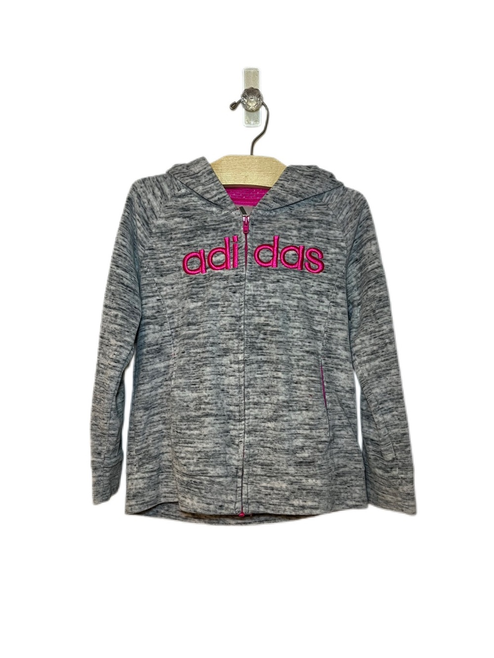 Adidas Size 6X Girls Grey Velour Pink Logo Zip Up Hoodie Jacket